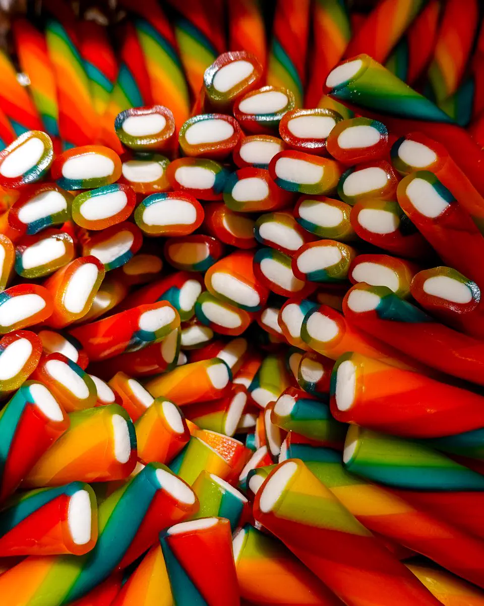 Rainbow-striped liquorice sticks packed tightly together